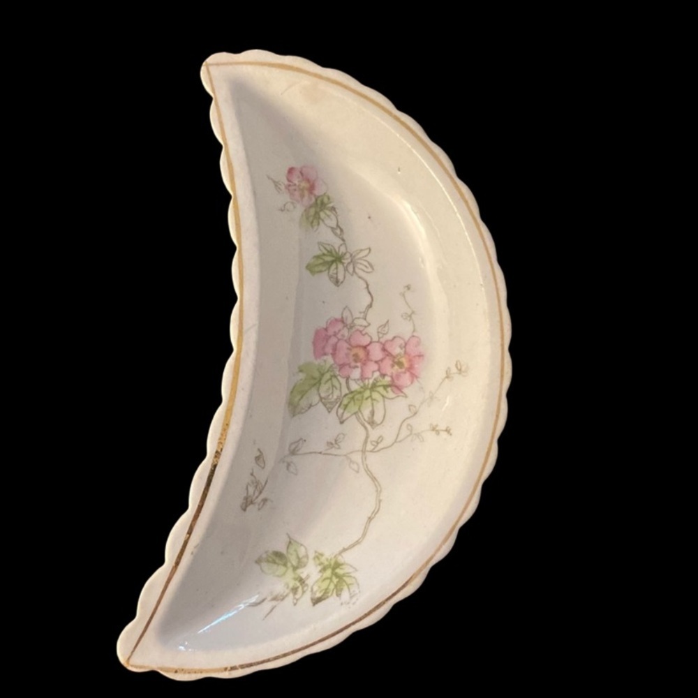 Vintage moon dish with floral print and gold trim